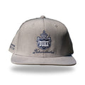Heather gray snapback cap with navy and white embroidered Hawaiian royal crest reading DUKE and Kahanamoku script